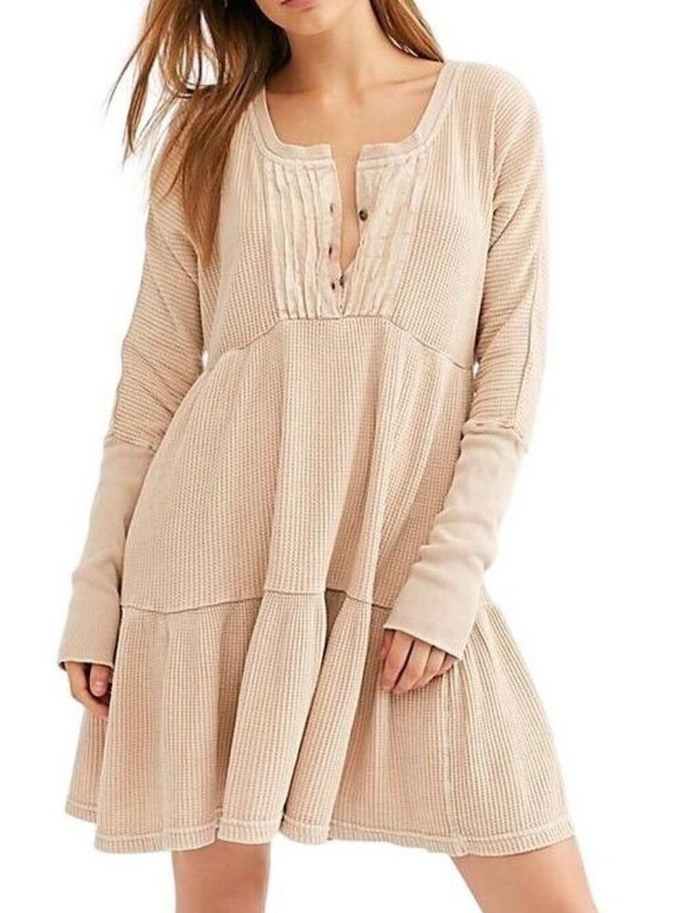 $128 Free People | FP One Jolene Thermal Tiered Babydoll Mini Dress in Sand